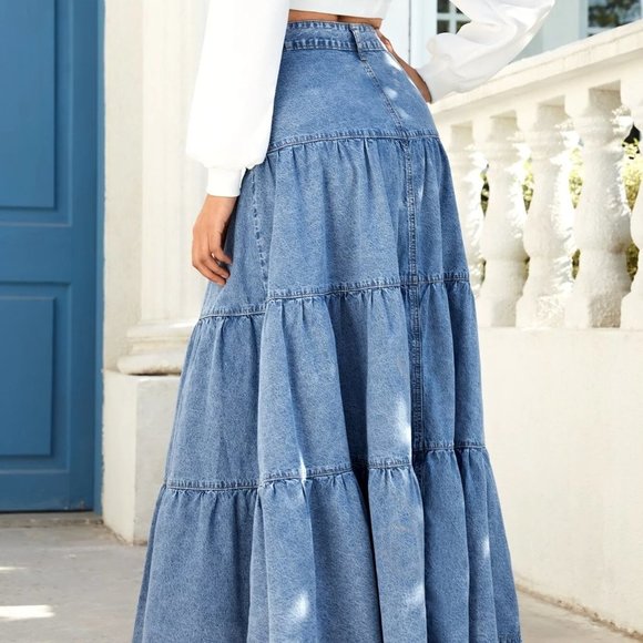 Blue Casual Womens Button Front Ruffle Hem Denim Skirt - Picture 2 of 5